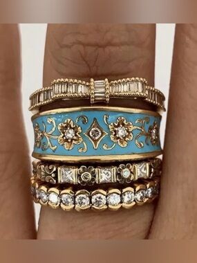 Western Ring Gold and Turquoise Floral Enamel Stackable Ring Set